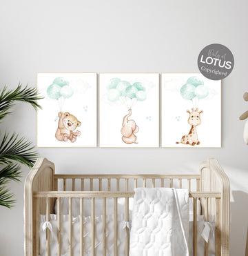 Mint nursery wall art, gender neutral, elephant nursery wall art, animal prints, bear nursery, rabbit nursery, mint green, twin nursery