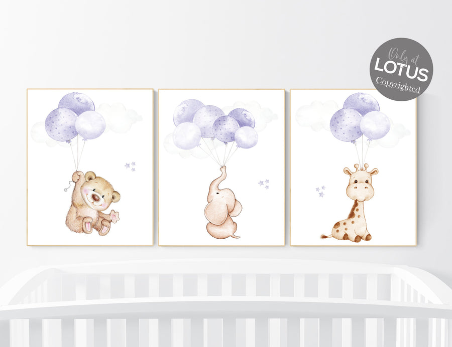 Nursery decor girl purple, purple nursery, animal prints, , lavender nursery, lilac nursery, elephant nursery, balloon nursery, bear nursery