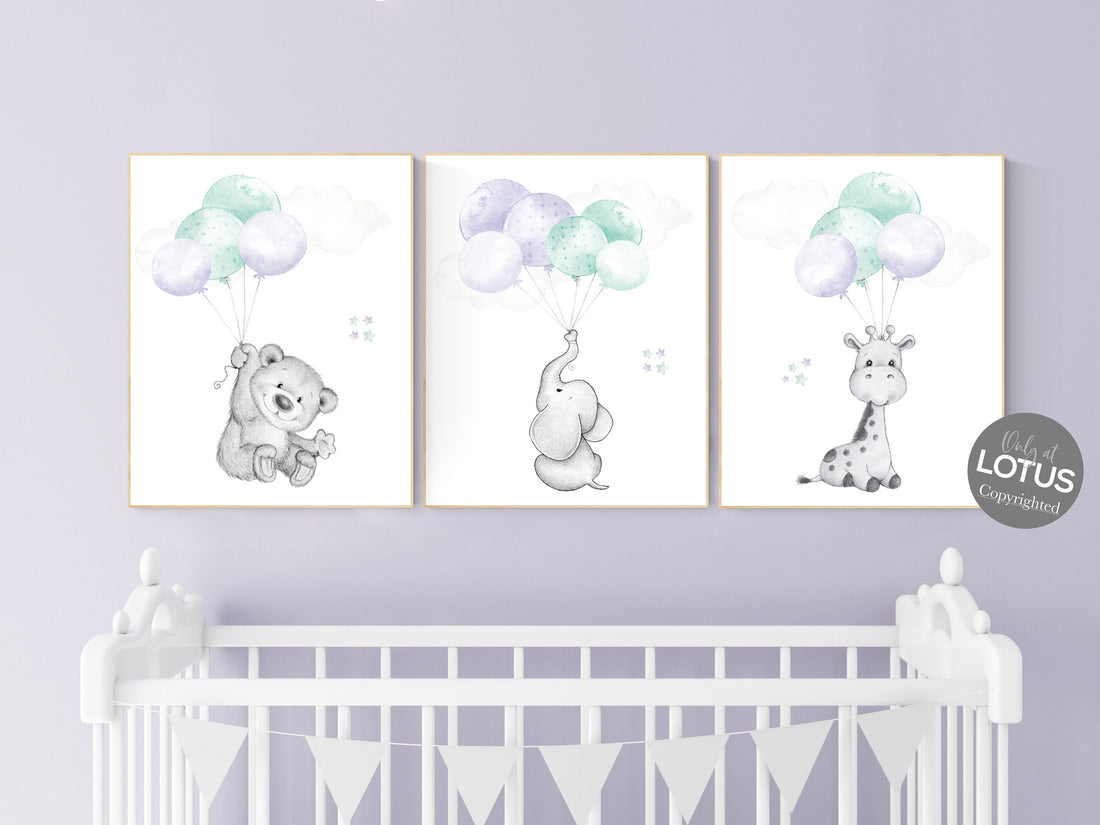 Nursery decor girl purple, purple mint nursery, animal prints, , lavender nursery, lilac nursery, elephant nursery, balloon nursery, bear