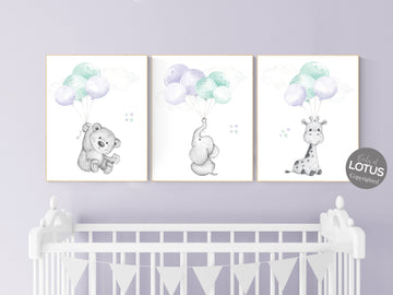 Nursery decor girl purple, purple mint nursery, animal prints, , lavender nursery, lilac nursery, elephant nursery, balloon nursery, bear