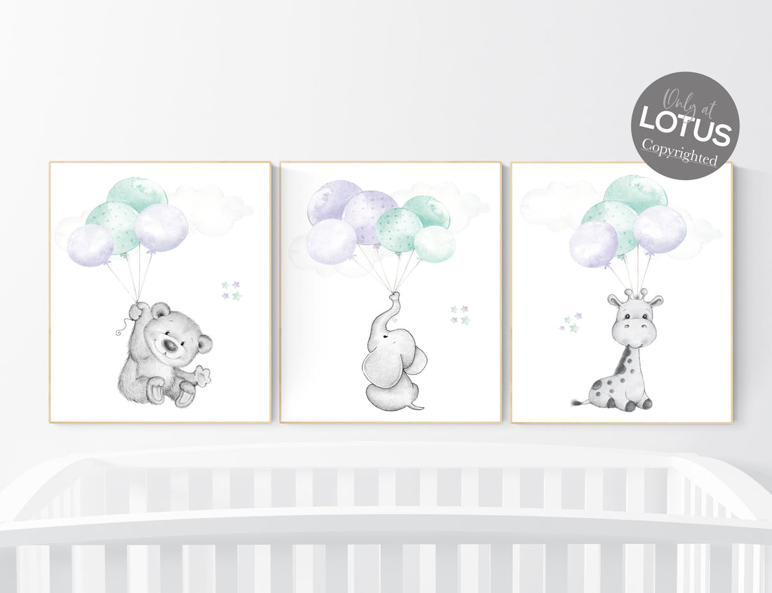 Nursery decor girl purple, purple mint nursery, animal prints, , lavender nursery, lilac nursery, elephant nursery, balloon nursery, bear