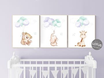 Nursery decor girl purple, purple mint nursery, animal prints, , lavender nursery, lilac nursery, elephant nursery, balloon nursery, bear