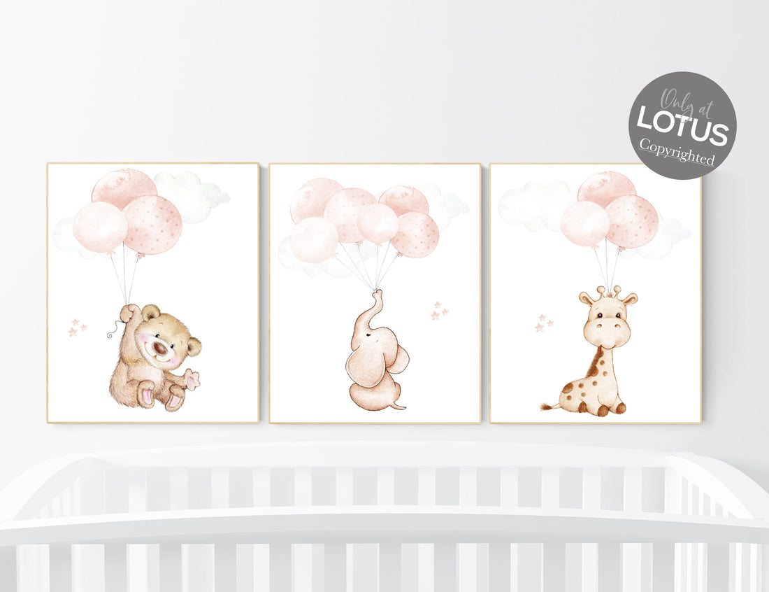 Blush pink nursery decor, girl nursery, animal prints, elephant nursery, bear nursery, giraffe nursery, balloon nursery, baby girl room