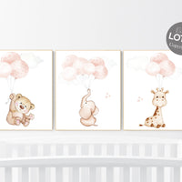 Blush pink nursery decor, girl nursery, animal prints, elephant nursery, bear nursery, giraffe nursery, balloon nursery, baby girl room
