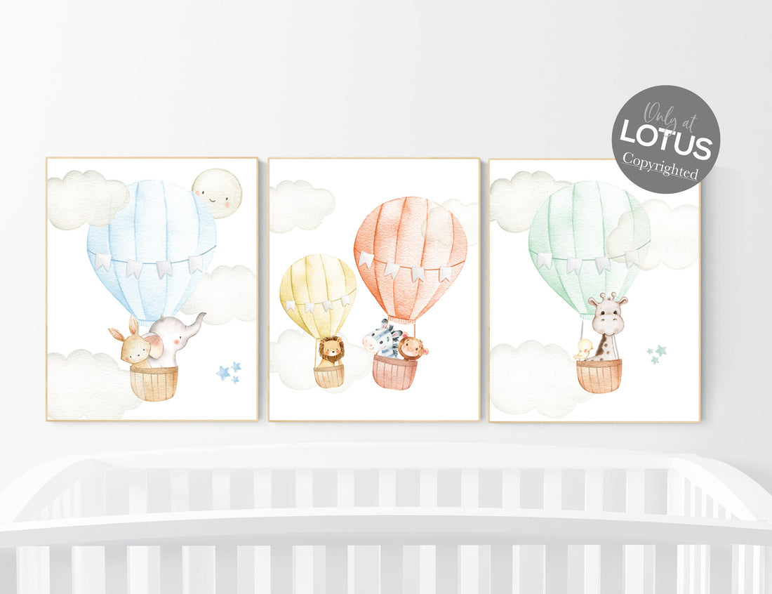 Nursery decor animals, hot air balloon, elephant giraffe, bear, gender neutral, nursery decor twins, animal nursery, balloon nursery