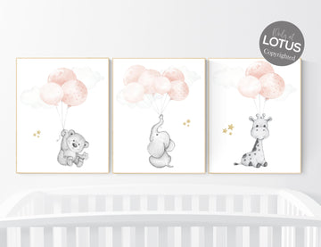 Girl nursery decor, Blush gold nursery, animal prints, elephant nursery, bear nursery, giraffe nursery, balloon nursery, blush gold