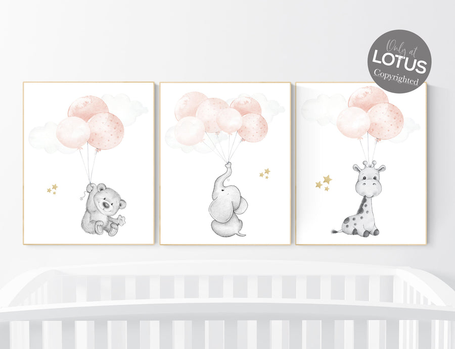 Girl nursery decor, Blush gold nursery, animal prints, elephant nursery, bear nursery, giraffe nursery, balloon nursery, blush gold