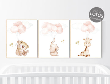 Girl nursery decor, Blush gold nursery, animal prints, elephant nursery, bear nursery, giraffe nursery, balloon nursery, blush gold