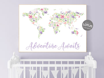 Boho nursery, girl room decor, Floral World Map, Girl Nursery Decor, Travel Nursery, floral Nursery, girl nursery decor, girls room decor