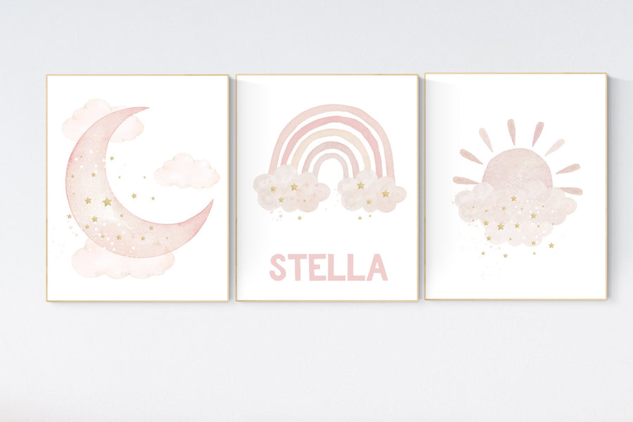 Nursery prints rainbow, blush Nursery decor girl, blush gold nursery wall art, blush pink, moon star, cloud, nursery wall art, sun nursery