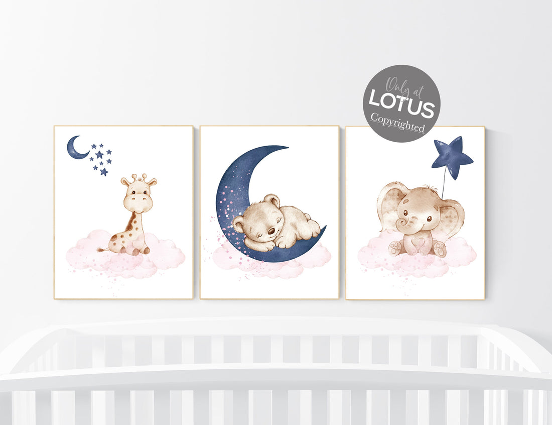 Nursery decor, pink and navy, elephant nursery, giraffe nursery, navy pink, twin nursery, gender neutral, animal prints, woodland animals