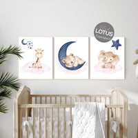 Nursery decor, pink and navy, elephant nursery, giraffe nursery, navy pink, twin nursery, gender neutral, animal prints, woodland animals