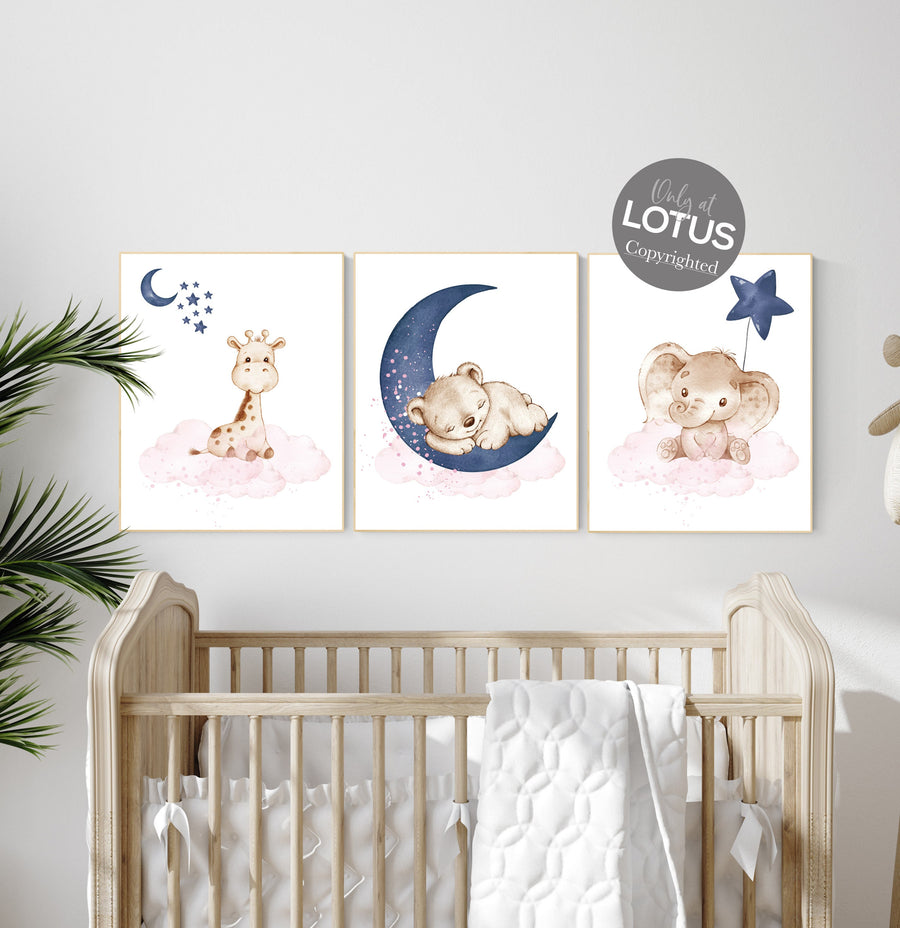 Nursery decor, pink and navy, elephant nursery, giraffe nursery, navy pink, twin nursery, gender neutral, animal prints, woodland animals