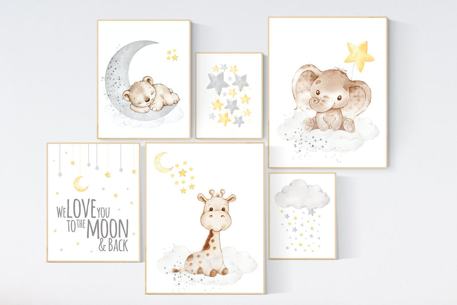 Nursery decor animals, yellow grey nursery wall art, moon and stars, yellow nursery, gender neutral, twin nursery, unisex, yellow gray