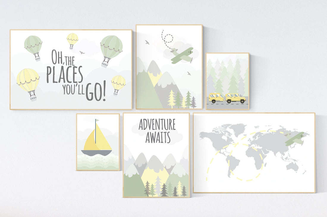 Adventure nursery decor, nursery decor airplane, yellow and green, world map nursery, adventure awaits, sage green nursery, travel theme