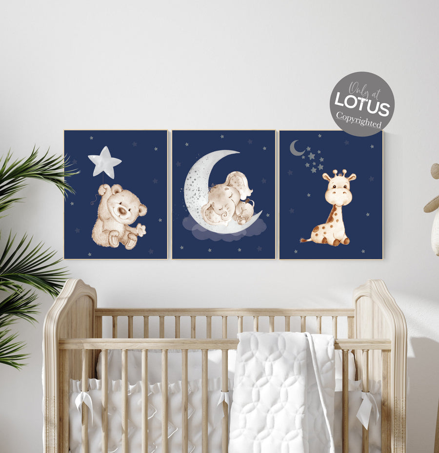 Nursery decor elephant and giraffe, animal nursery prints, navy nursery, navy blue nursery, baby room wall art, woodland animal prints