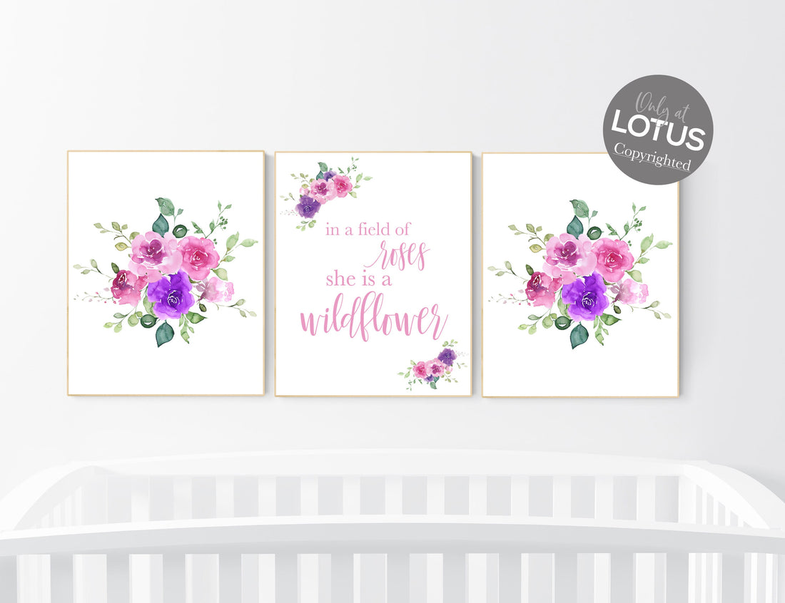 Nursery decor girl boho, floral nursery, pink and purple nursery, girl nursery, in the field of roses be a wildflower, floral nursery prints