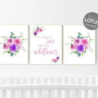 Nursery decor girl boho, floral nursery, pink and purple nursery, girl nursery, in the field of roses be a wildflower, floral nursery prints