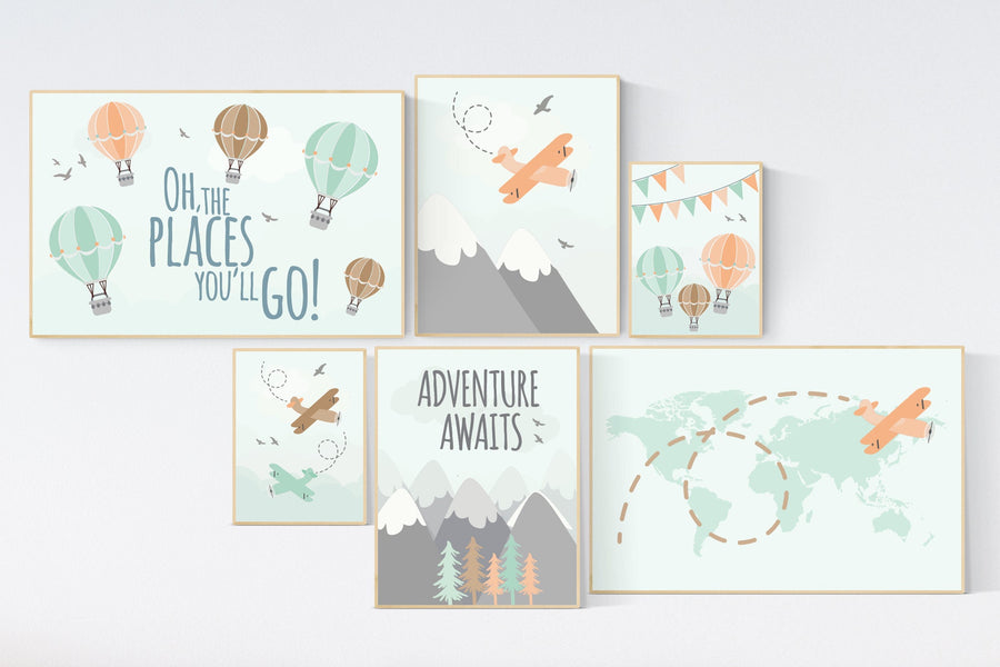 Hot air balloon nursery, oh the places you'll go nursery prints, gender neutral nursery decor, nursery wall art boy airplane, nursery set