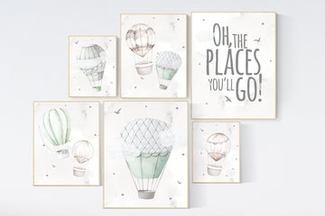 Nursery decor gender neutral, sage green, hot air balloon, green nursery, baby room decor, nursery prints, travel theme nursery, adventure