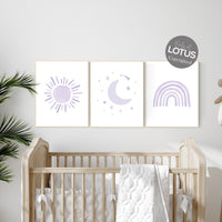 Nursery prints rainbow, Nursery decor girl, nursery wall art, purple, lavender, moon star, cloud, nursery wall art, rainbow, lilac, girls