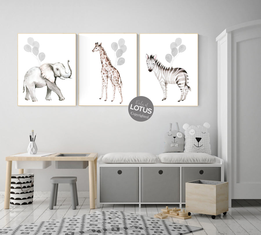 Safari nursery decor, gender neutral nursery, gray nursery decor, safari animals, nursery decor woodland, balloon nursery, animal prints