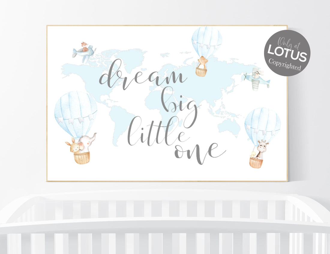 Boy nursery decor, Hot air balloon nursery, Nursery decor blue, dream big little one, world map, animal nursery, travel themed nursery