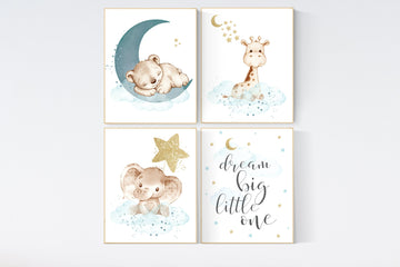 Nursery wall art , nursery wall art animals, baby room decor, woodland nursery, gender neutral nursery, blue green nursery