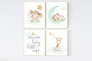 Nursery decor elephant, mint gold baby nursery, nursery decor boy and girl, cloud and star nursery, moon nursery decor, gender neutral