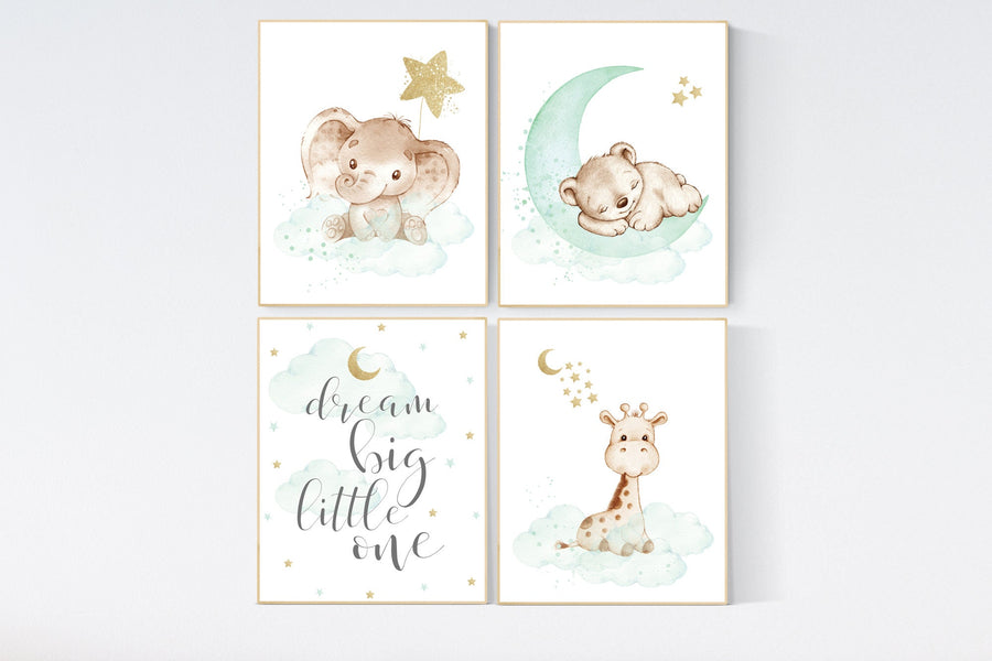 Nursery decor elephant, mint gold baby nursery, nursery decor boy and girl, cloud and star nursery, moon nursery decor, gender neutral