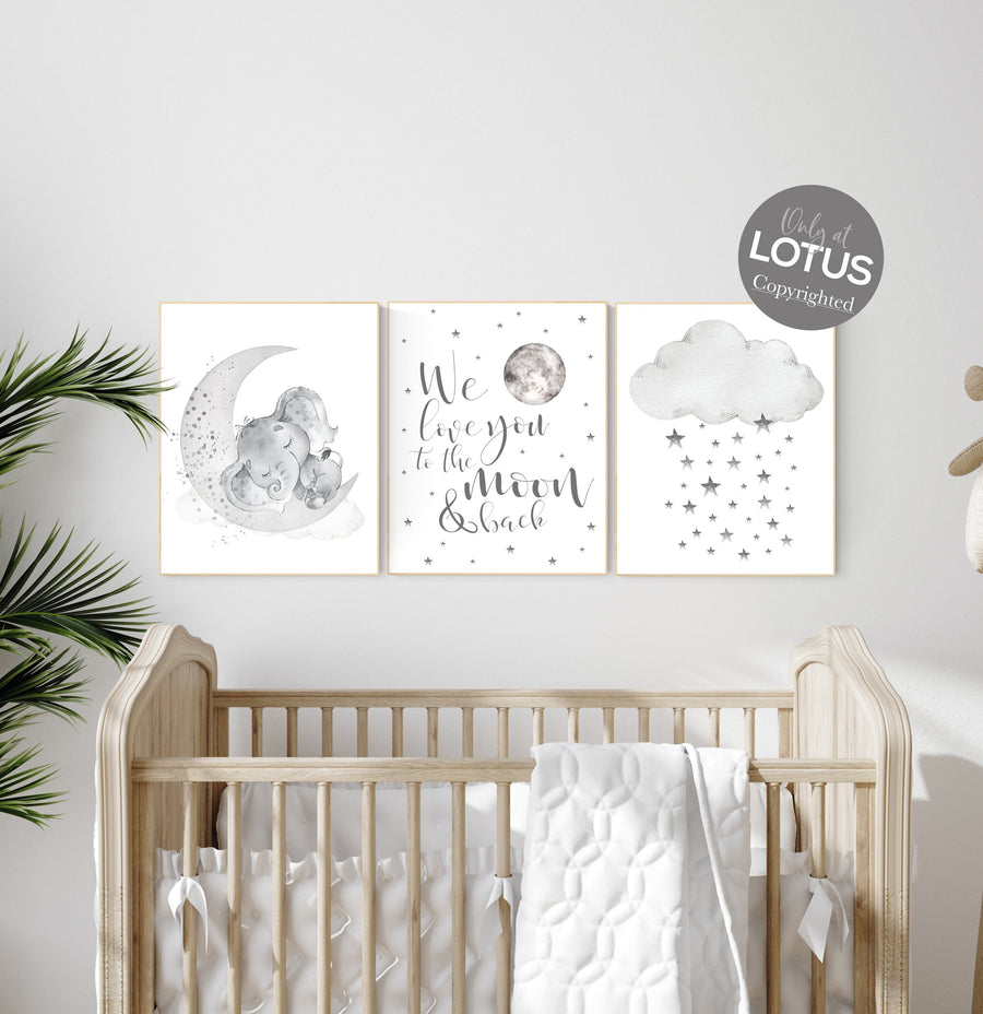 Nursery wall art grey, gray nursery, nursery decor neutral, elephant nursery, baby room decor gender neutral, moon and stars, nursery ideas
