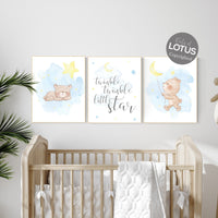 Nursery decor bear, gender neutral nursery,  blue and yellow, bear nursery print, nursery wall decor, twinkle twinkle little star