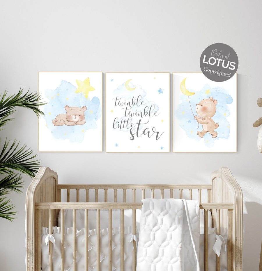 Nursery decor bear, gender neutral nursery,  blue and yellow, bear nursery print, nursery wall decor, twinkle twinkle little star