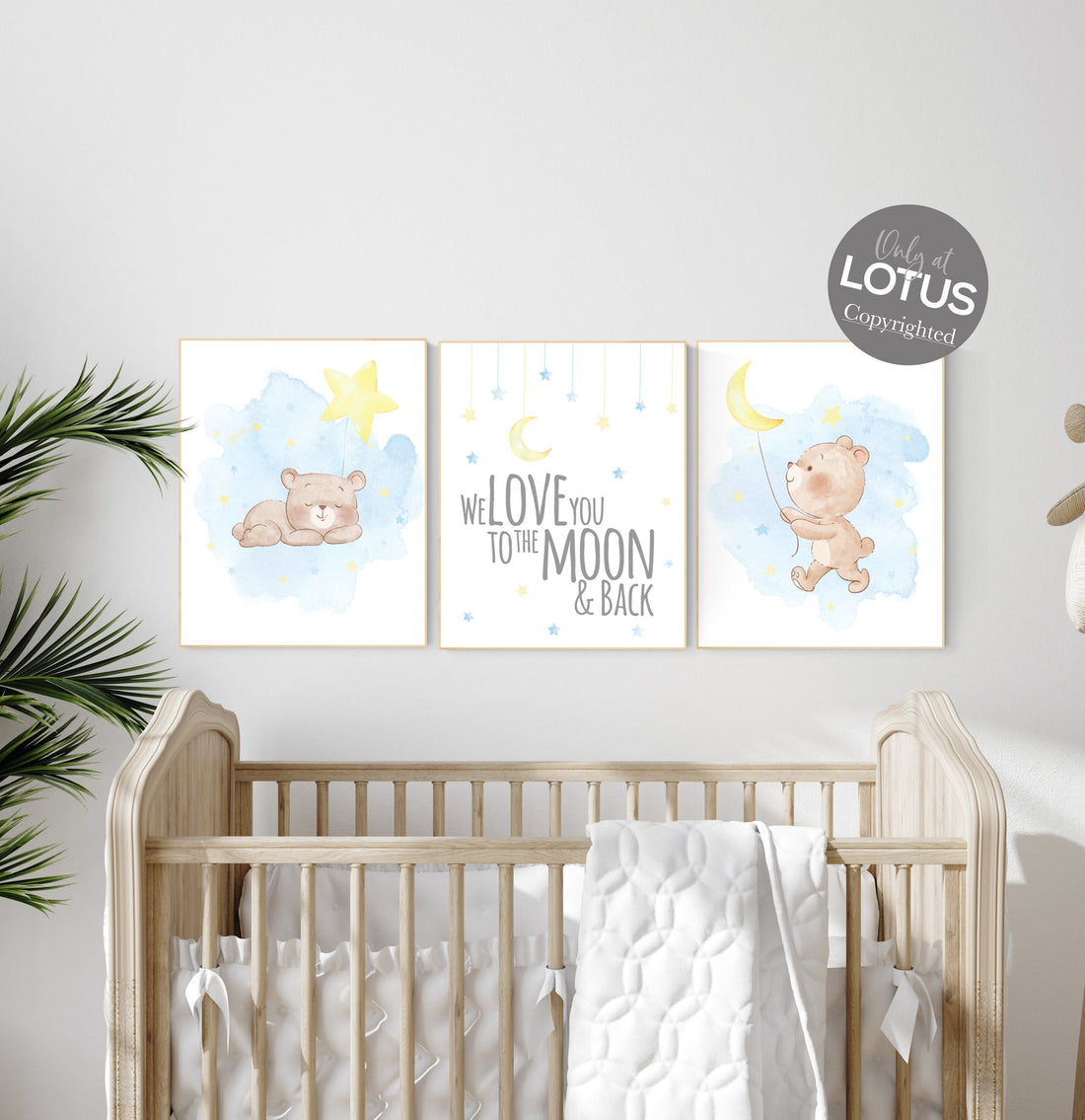 Nursery decor bear, gender neutral nursery,  blue and yellow, bear nursery print, nursery wall art, we love you to the moon and back