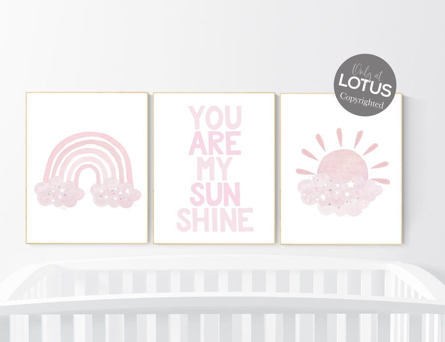 Nursery prints rainbow, girl nursery, sunshine nursery, you are my sunshine, nursery wall art, girl nursery decor, pink nursery decor