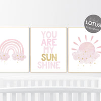 Nursery prints rainbow, girl nursery, pink and gold nursery, sunshine nursery, you are my sunshine, nursery wall art, girl nursery decor