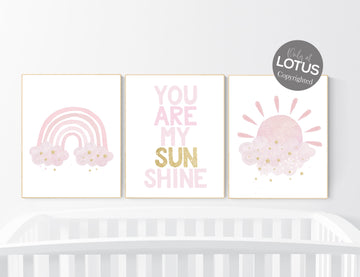 Nursery prints rainbow, girl nursery, pink and gold nursery, sunshine nursery, you are my sunshine, nursery wall art, girl nursery decor