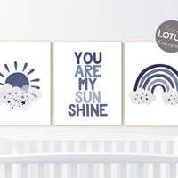 You are my sunshine, navy nursery wall art, rainbow nursery, nursery wall art boy, navy Blue, moon, stars, navy nursery, boy nursery decor