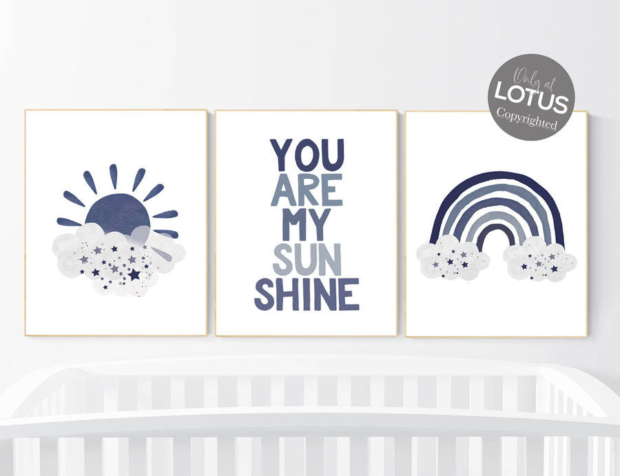 You are my sunshine, navy nursery wall art, rainbow nursery, nursery wall art boy, navy Blue, moon, stars, navy nursery, boy nursery decor