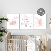 Bear nursery, girl nursery decor, pink nursery room, teddy bear decor, bear nursery print, nursery wall art animals, girls room decor