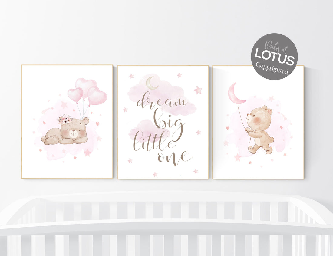 Girl nursery decor, Bear nursery, pink nursery room, teddy bear decor, bear nursery print, nursery wall art animals, dream big little one