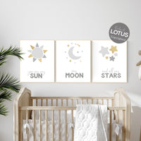 Nursery wall art grey, gray gold nursery, nursery decor neutral, baby room decor gender neutral, moon and stars, sun nursery, stars print