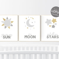 Nursery wall art grey, gray gold nursery, nursery decor neutral, baby room decor gender neutral, moon and stars, sun nursery, stars print