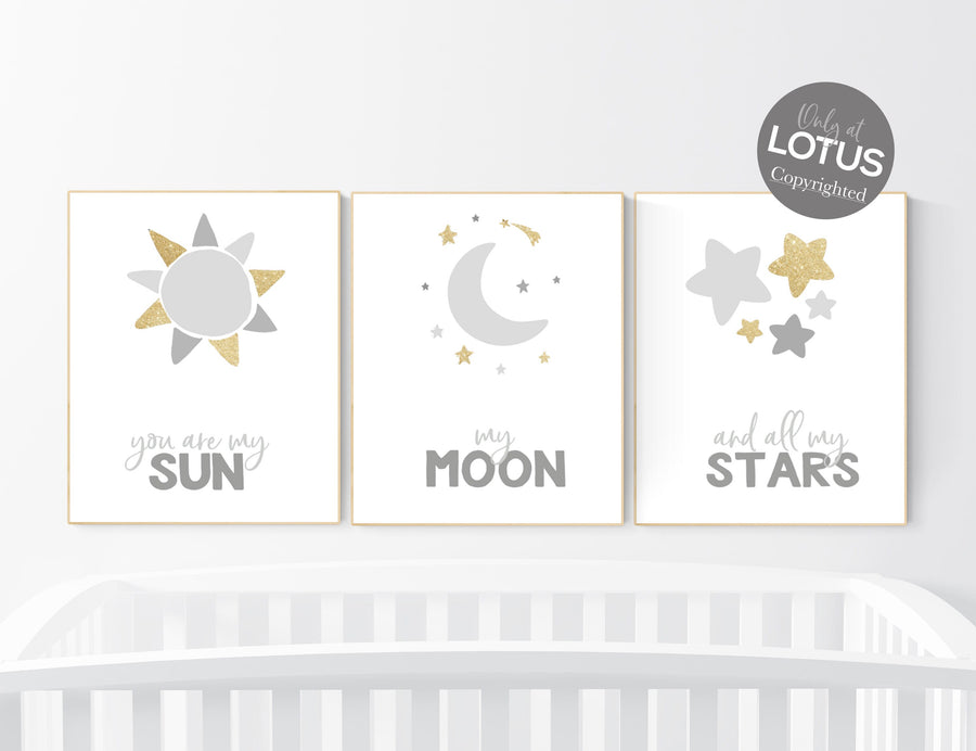 Nursery wall art grey, gray gold nursery, nursery decor neutral, baby room decor gender neutral, moon and stars, sun nursery, stars print