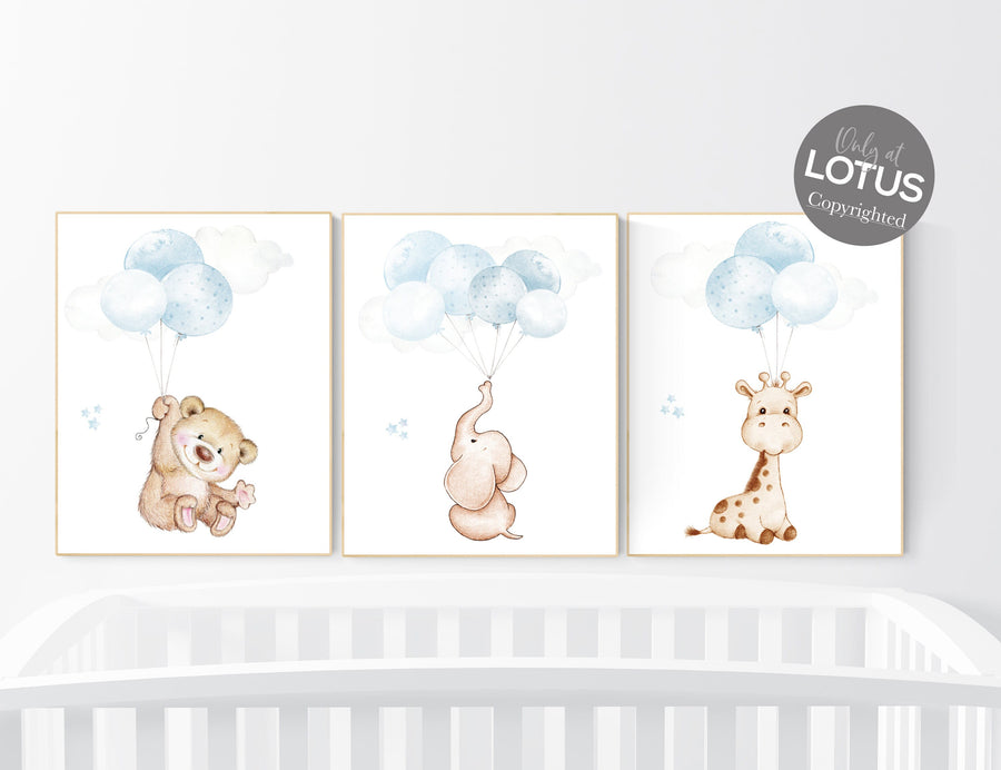 Nursery wall art animals, baby room decor blue gray, baby room decor bear, elephant, giraffe, animal nursery decor, nursery prints