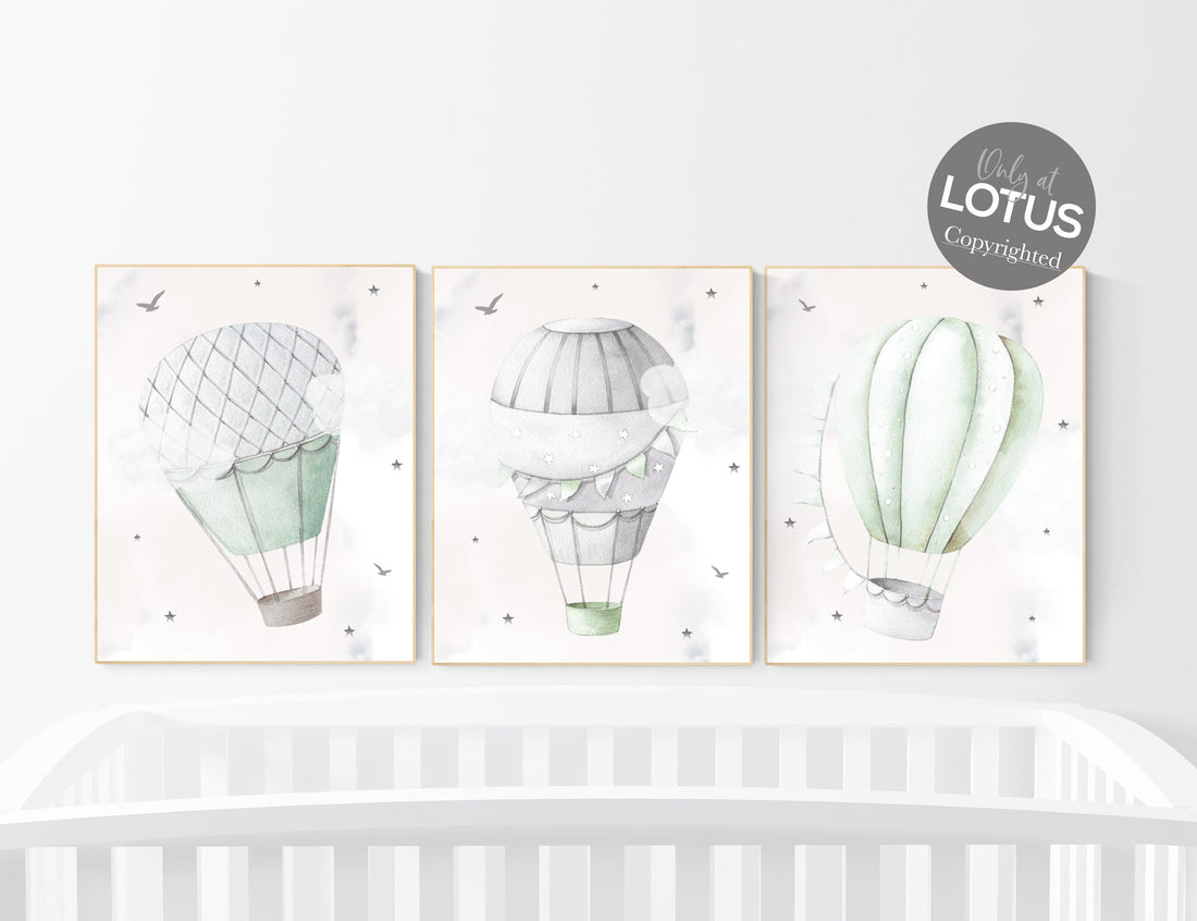 Nursery decor gender neutral, sage green, hot air balloon, green nursery, baby room decor, nursery prints, travel theme nursery, adventure