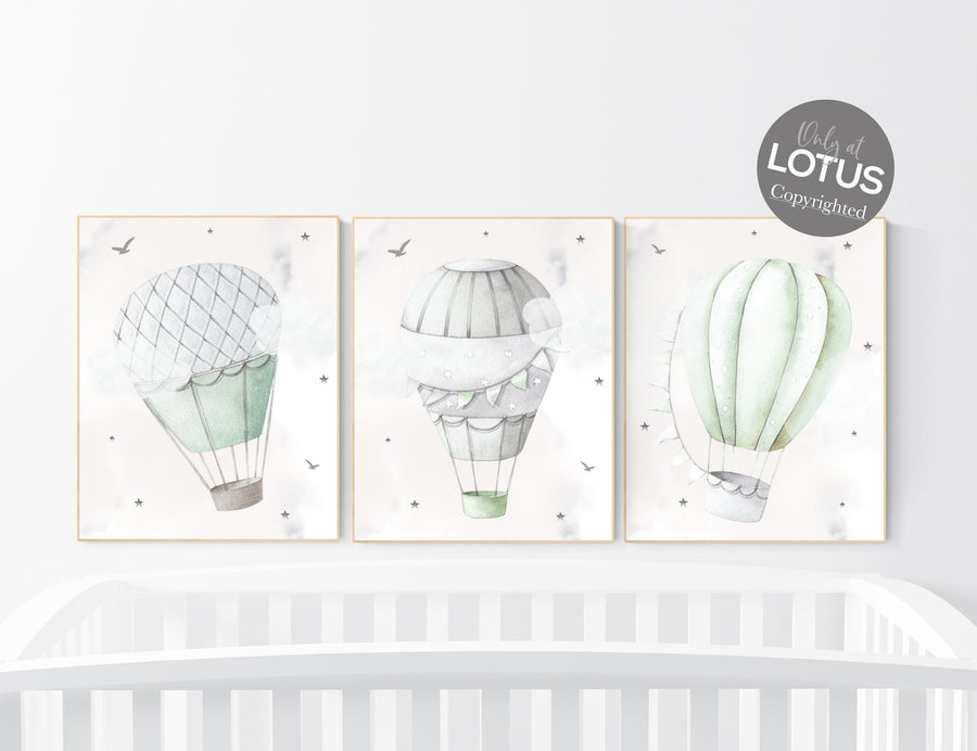 Nursery decor gender neutral, sage green, hot air balloon, green nursery, baby room decor, nursery prints, travel theme nursery, adventure