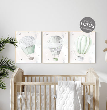Nursery decor gender neutral, sage green, hot air balloon, green nursery, baby room decor, nursery prints, travel theme nursery, adventure