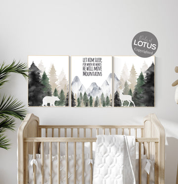 Nursery decor woodland, mountain wall art, tree nursery decor, adventure theme nursery, forest, sage green, beige, woodland animals