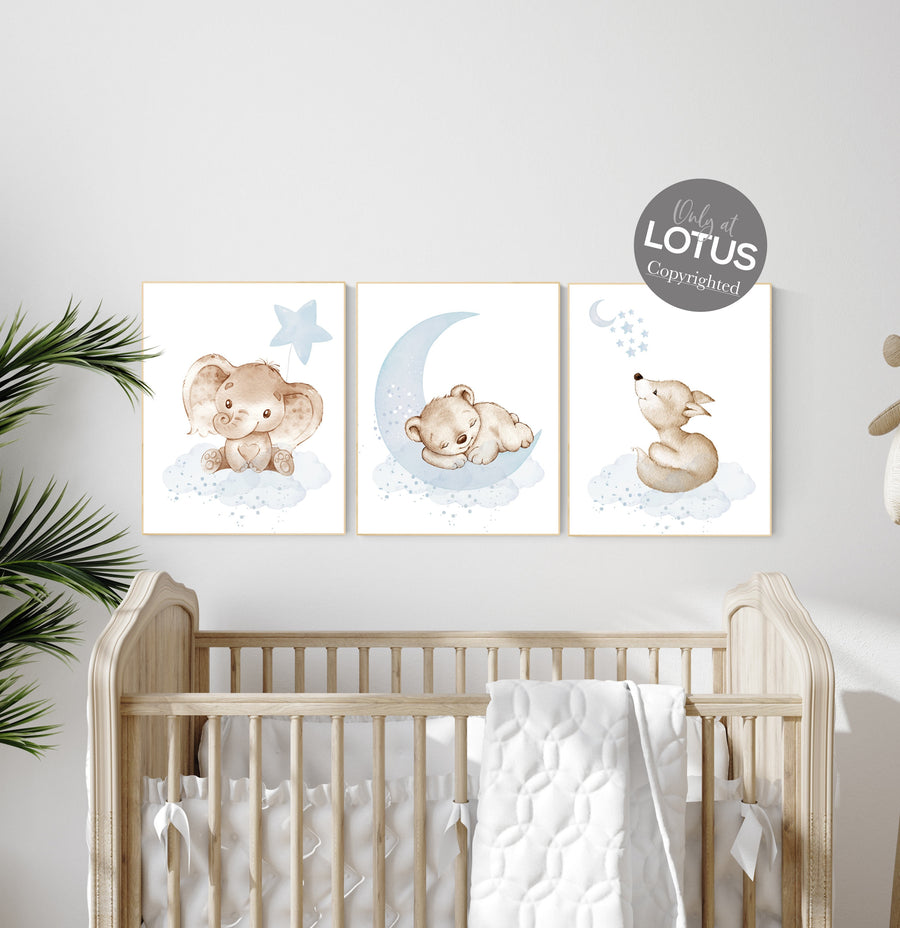 Nursery wall art animals, baby room decor blue gray, baby room decor bear, elephant, fox, animal nursery decor, nursery prints